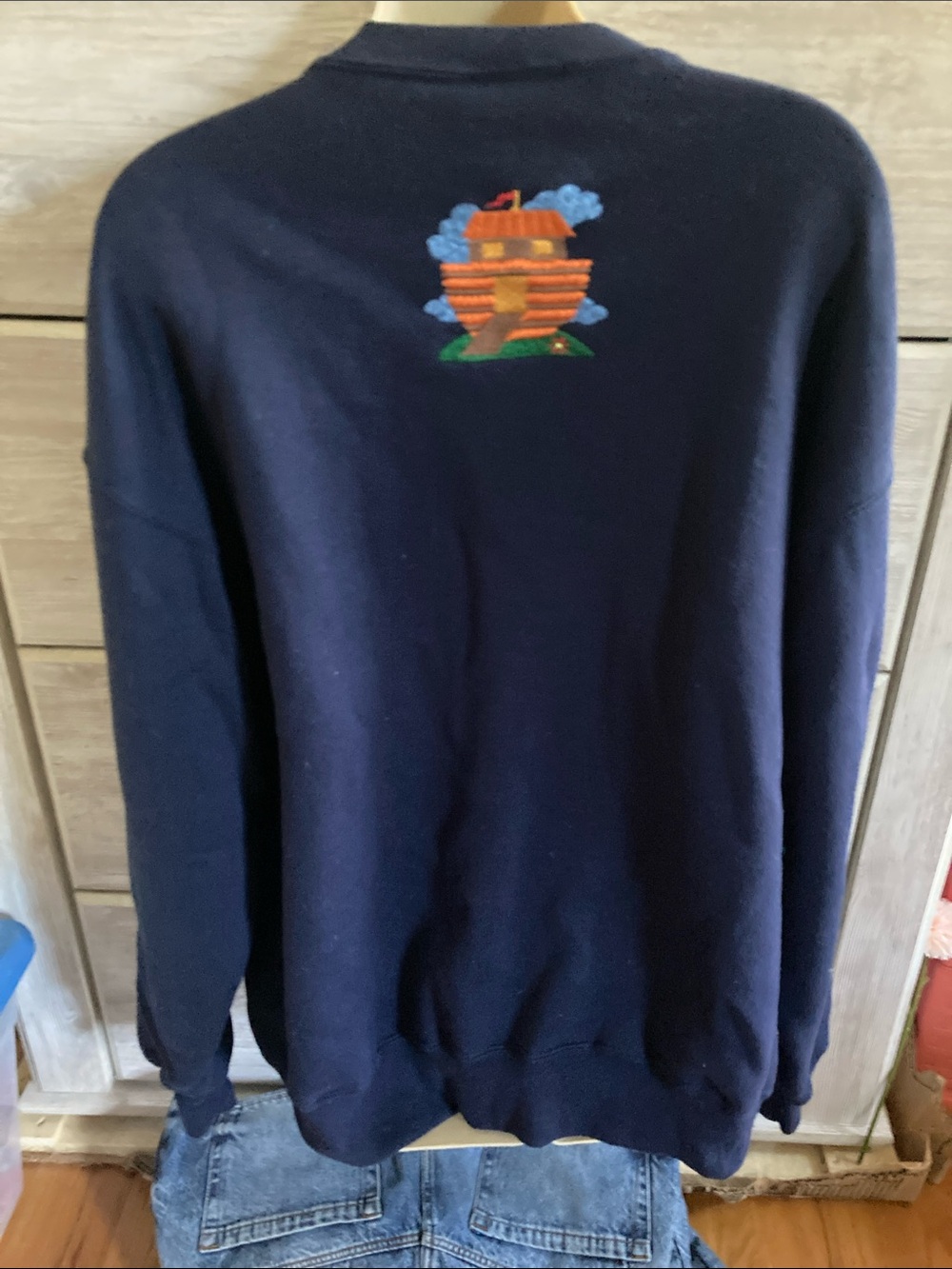 VTG Jerzees Super Sweats Y2K Navy Blue Embroidered Sweatshirt Animal Buttons XL - Picture 9 of 10